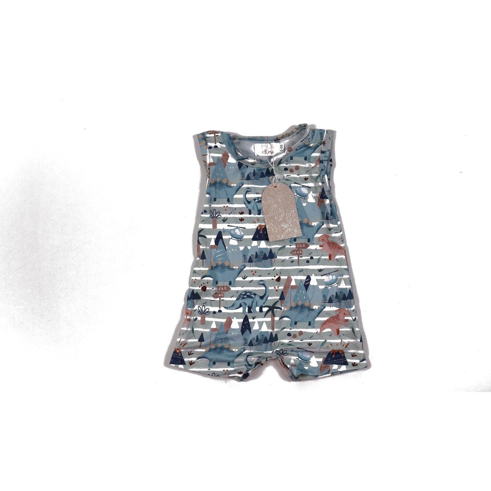 Mila & Rose Romper Dinosaur Stripe Blue 0-6M NWT